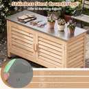 The DirectDeals Outdoor Storage Cabinet with Stainless Steel Countertop holds gloves, scissors, and potted plants. Icons show weather resistance, anti-deformation, easy cleaning, and a 66 lb weight capacity.