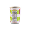 A can of Taycte Famiglia Crispino Italian Whole Peeled Tomatoes—Calabrian Grown features a clearly visible nutrition facts label displaying 19 calories per serving. The label details serving size, fat, sodium, carbohydrates, and protein content. Italian text along the left side highlights the premium quality of these Calabrian peeled tomatoes from Taycte, making them ideal for pizza sauce.