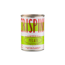 A can of Taycte Famiglia Crispino Italian Whole Peeled Tomatoes — Calabrian Grown, featuring a white, green, and red label with Italian text and finished with a metal lid and base—ideal for preparing authentic Italian tomato sauces or hearty pizza sauce.