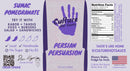 Label for Culture Hot Sauce Persian Persuasion: Infused with the bold, tangy flavor of dried lime Limu Omani, this Persian-inspired hot sauce features nutrition facts, a vivid purple palm print, serving suggestions, detailed product information, Culture Hot Sauce’s social media handles, and icons highlighting its local origins, handmade quality, and no added sugar.