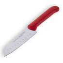 The Messermeister Petite Messer Red Kullens Santoku Knife - 5", featuring a red handle and silver kullens blade with hollowed-out grooves, is displayed against a white background.