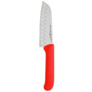 The Messermeister Petite Messer Red Kullens Santoku Knife - 5" features a stainless steel blade with oval-shaped kullens and a red handle, offering smoother slicing.