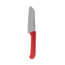 The Messermeister Petite Messer Red Kullens Santoku Knife - 5", a high-carbon steel blade with oval indentations and red handle, is shown on a plain white background.