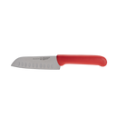The Messermeister Petite Messer Red Kullens Santoku Knife - 5" is a high-carbon steel knife with a red handle and a short, wide blade featuring kullens indentations, displayed on a plain white background.