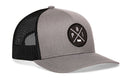 The Haka Hat Philadelphia Trucker Hat | Gray-Black PHI X Snapback features a mesh back, round patch with "PHI" letters and silhouette, and is part of the Haka Hat signature 5.0 collection.