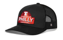 The Haka Hat Philly City of Brotherly Love Trucker Hat is a black cityscape snapback with mesh, curved brim, and a front patch reading "City of Brotherly Love PHILLY Pennsylvania" plus the Liberty Bell—perfect for Philadelphia fans.