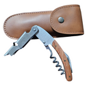 A corkscrew wine opener with wooden handle and stainless-steel tools—including bottle opener and foil cutter—shown beside the Manly Cans 3.5 Gallon WeekCAN Warrior Gift Can and a snap-closure brown leather case.