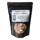DDR BBQ Supply Manly Cans Sweet and Hot Buffalo Peanuts in a black resealable snack pouch with a clear window.