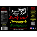 Label for Pawpa Flavor LLC’s Pawpa Flavor Bearly Legal Pineapple Hollapeno Seasoning & Rub, featuring a bear logo, nutrition facts, and vibrant colorful text. Showcasing bold pineapple jalapeno notes, this gluten-free seasoning & rub brings lively flavor to every sprinkle. Includes instructions to shake well and a warning about the product’s strong flavor.