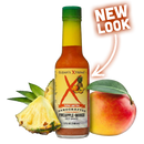 A bottle of Elijah’s Xtreme Pineapple-Mango Habanero Hot Sauce—a tropical creation from Elijah’s Xtreme—rests next to a fresh pineapple slice and ripe mango. The label features a NEW LOOK badge with an arrow pointing to the bottle, drawing attention to this delicious Mango Habanero Hot Sauce.