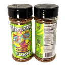 Two jars of Powerful Pepper Company’s Powerful Pepper Flakes, featuring a vibrant dragon design on the front and nutrition facts on the back. Each 3 oz jar contains a bold blend of dried, spicy pepper flakes.