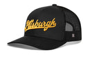 The Haka Hat Pittsburgh Gold Script Trucker Hat is a black snapback with "Pittsburgh" in gold script, featuring a curved brim and breathable mesh back.