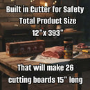 A wooden table with a box, seasoning, and raw meat. Text: Butcher BBQ Plastic Disposable Cutting Board—built-in cutter for safety, 26 sheets (15″ long each), ideal for butcher BBQ or meat prep. Brand: Butcher BBQ.