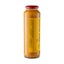 A tall, clear glass bottle of Taycte Famiglia Crispino Yellow Tomato Sauce Starter — Calabrian Pomodori Gialli stands out with its vibrant orange contents, topped with a red cap and finished with a yellow label featuring text. Presented on a white background, this seedless sauce from Taycte captures the signature sweetness of Calabrian yellow tomatoes in every pour.