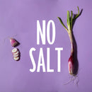 A whole green onion and slices of red onion on a purple background with large white text reading NO SALT in the center, inspired by the Calabrian sweetness of Taycte Famiglia Crispino Yellow Tomato Sauce Starter — Calabrian Pomodori Gialli from Taycte.