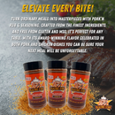 Three bottles of Blazing Star BBQ Pork'n Rub and Seasoning are arranged on a dark surface, with sizzling grilled meat in the background. Bold text highlights this award-winning BBQ blend—an enticing, gluten-free rub and seasoning from Blazing Star BBQ that's perfect for adding exceptional flavor to your favorite pork or chicken dishes.