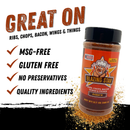 A bottle of Blazing Star BBQ's Pork'n Rub and Seasoning is featured, with text emphasizing its qualities: MSG-free, gluten-free, no preservatives, and crafted with quality ingredients. This award-winning BBQ seasoning is the perfect pork rub or chicken seasoning—ideal for enhancing ribs, chops, bacon, wings, and more.