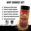 Blazing Star BBQ Pork'n Rub and Seasoning bottle displayed alongside key benefits: exceptional flavor, health-conscious ingredients, versatile use, and grilling excellence. Showcasing our award-winning BBQ seasoning—perfect as a premium pork rub or a bold chicken seasoning. Features the Veteran Owned Business logo. Text reads: “Why Choose Us?” with check marks highlighting each feature.