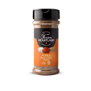 A bottle of Texan Heartland Pork & Poultry Seasoning from Texan Heartland, with a black cap and an orange label showcasing images of salt, pepper, and a seasoning blend on the front—ideal for grilling chicken or enhancing your favorite dishes with savory flavor.