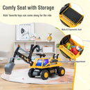 A yellow toy ride-on excavator with storage is showcased in a playroom—ideal for indoor fun or relaxing outdoors next to your 3 Pieces Patio Rattan Folding Lounge Chair Set of 2 with Acacia Wood Table by DirectDeals.