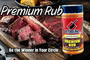 Sliced juicy steak on a wooden board with a container of Butcher BBQ Premium Barbecue Rub / BBQ Seasoning / Spice by Butcher BBQ in the foreground. Text reads: Premium Rub. Be the Winner in Your Circle.