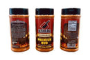 Three jars of Butcher BBQ Premium Barbecue Rub, a spice blend by Butcher BBQ, are shown: one highlights the front label, another the back label, and the third displays nutrition facts. The jars feature red and brown labels.