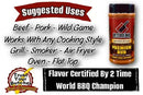 Butcher BBQ Premium Barbecue Rub, a bold BBQ seasoning from Butcher BBQ, is suggested for beef, pork, wild game, grill, smoker, air fryer, oven & flat top. Label features “Trust Your Butcher” seal and “Flavor Certified by 2 Time World BBQ Champion.”.