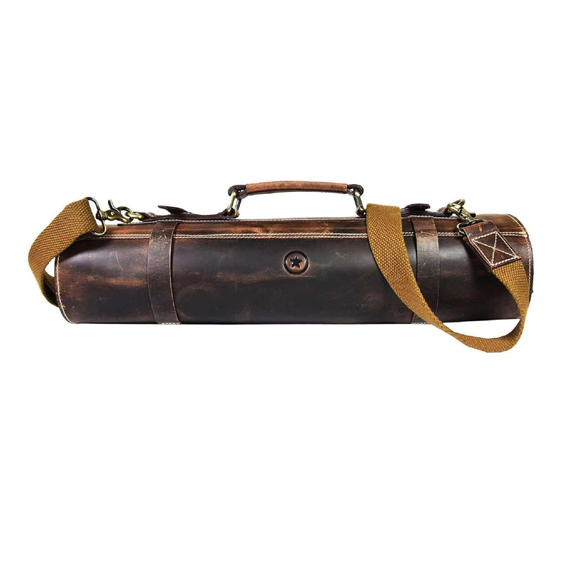 Premium leather knife roll with 10 knife slots, sturdy buckles, and zipper pouch – available at DDR BBQ Supply