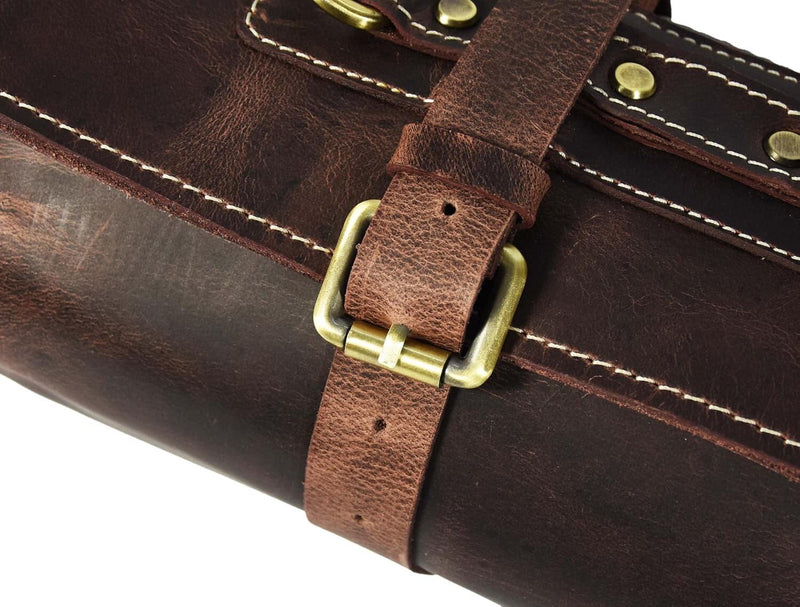 Premium leather knife roll with 10 knife slots, sturdy buckles, and zipper pouch – available at DDR BBQ Supply