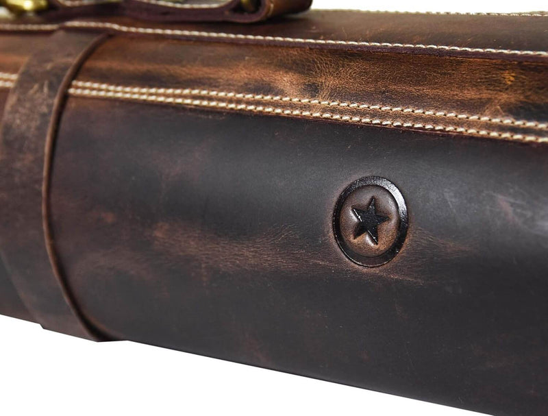 Premium leather knife roll with 10 knife slots, sturdy buckles, and zipper pouch – available at DDR BBQ Supply