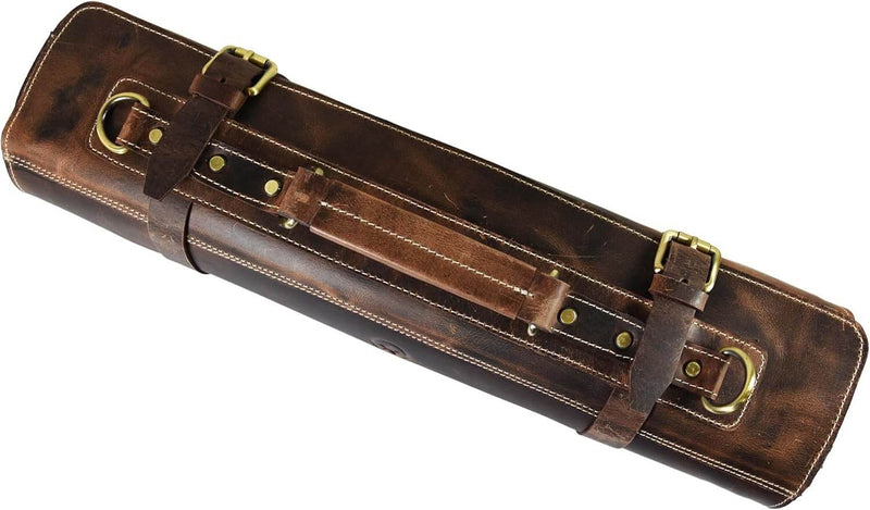 Premium leather knife roll with 10 knife slots, sturdy buckles, and zipper pouch – available at DDR BBQ Supply