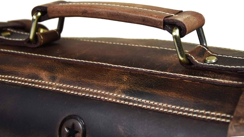 Premium leather knife roll with 10 knife slots, sturdy buckles, and zipper pouch – available at DDR BBQ Supply