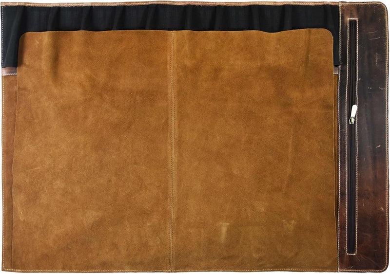 Premium leather knife roll with 10 knife slots, sturdy buckles, and zipper pouch – available at DDR BBQ Supply