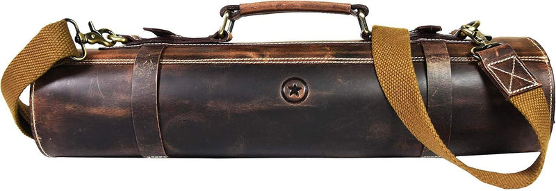 Premium leather knife roll with 10 knife slots, sturdy buckles, and zipper pouch – available at DDR BBQ Supply