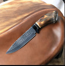 The Texan Knives Premium Bowie Knife features a 15-inch J2 steel blade and a polished buffalo horn handle, showcased on a smooth brown leather surface.