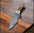 The Texan Knives Premium Damascus Steel Hunting Knife with Stag Horn Handle, 10" overall, showcases intricate steel patterns and a unique handle, resting elegantly on a wooden table.