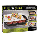 A box labeled Smokin Brothers Prep & Slice Cutting Board with Tray from the Smokin Brothers brand displays a versatile kitchen set, featuring a cutting board and utility tray combo. The packaging showcases images of skewers on the BBQ prep cutting board and meat in the utility tray, with product details highlighted in white and yellow text.