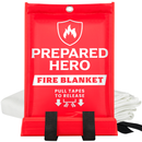 Red 'Prepared Hero' fire blanket packaging with white text and a white fire blanket inside.