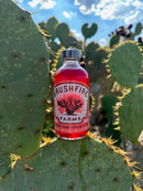A bottle of Brushfire Farms Prickly Pear Simple Syrup sits atop a cactus pad, encircled by lush green prickly pear cacti beneath a cloud-dotted blue sky—ideal for mixing up a vibrant and refreshing prickly pear margarita.