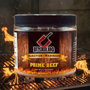 Butcher BBQ Prime Beef injection marinade jar on a grill with flames