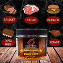 Butcher BBQ Prime Beef injection marinade jar with illustrated meat types on a dark background