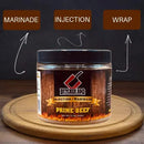Butcher BBQ Prime Beef marinade jar on a wooden board with text labels 'Marinade', 'Injection', and 'Wrap'.