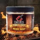 Butcher BBQ Original Pork injection marinade jar on a grill with flames