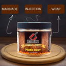 Butcher BBQ Prime Dust marinade jar on a wooden board with text labels 'Marinade', 'Injection', and 'Wrap'.