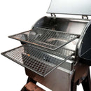 Two stainless steel wire grill racks on a Pimp My Grill® Gen2 Slide-Out Rack System - 2 Racks extended outward from a Camp Chef Woodwind 24 pellet grill.