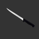 The Messermeister Pro Series Flexible Fillet Knife - 8" features a long, thin stainless steel blade and black ergonomic handle, shown against a dark gray background—ideal for precise fish filleting.