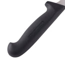 Close-up of the Messermeister Pro Series Flexible Fillet Knife - 8" shows its black ergonomic handle with textured grip, curved guard for safety, and a stainless steel blade—ideal for precise fish filleting.