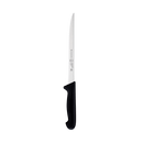 The Messermeister Pro Series Flexible Fillet Knife - 8" features a long, thin stainless steel blade and a black ergonomic handle, ideal for filleting fish. Shown against a plain white background.