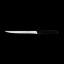 The Messermeister Pro Series Flexible Fillet Knife - 8" features a long, narrow stainless steel blade and a black handle, ideal for precise fish filleting. Shown with a sleek solid black background. Brand: Messermeister.