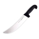 The Messermeister Pro Series Kullens Scimitar - 10" is a large knife with a curved German stainless steel blade and black ergonomic handle, shown on a white background.
